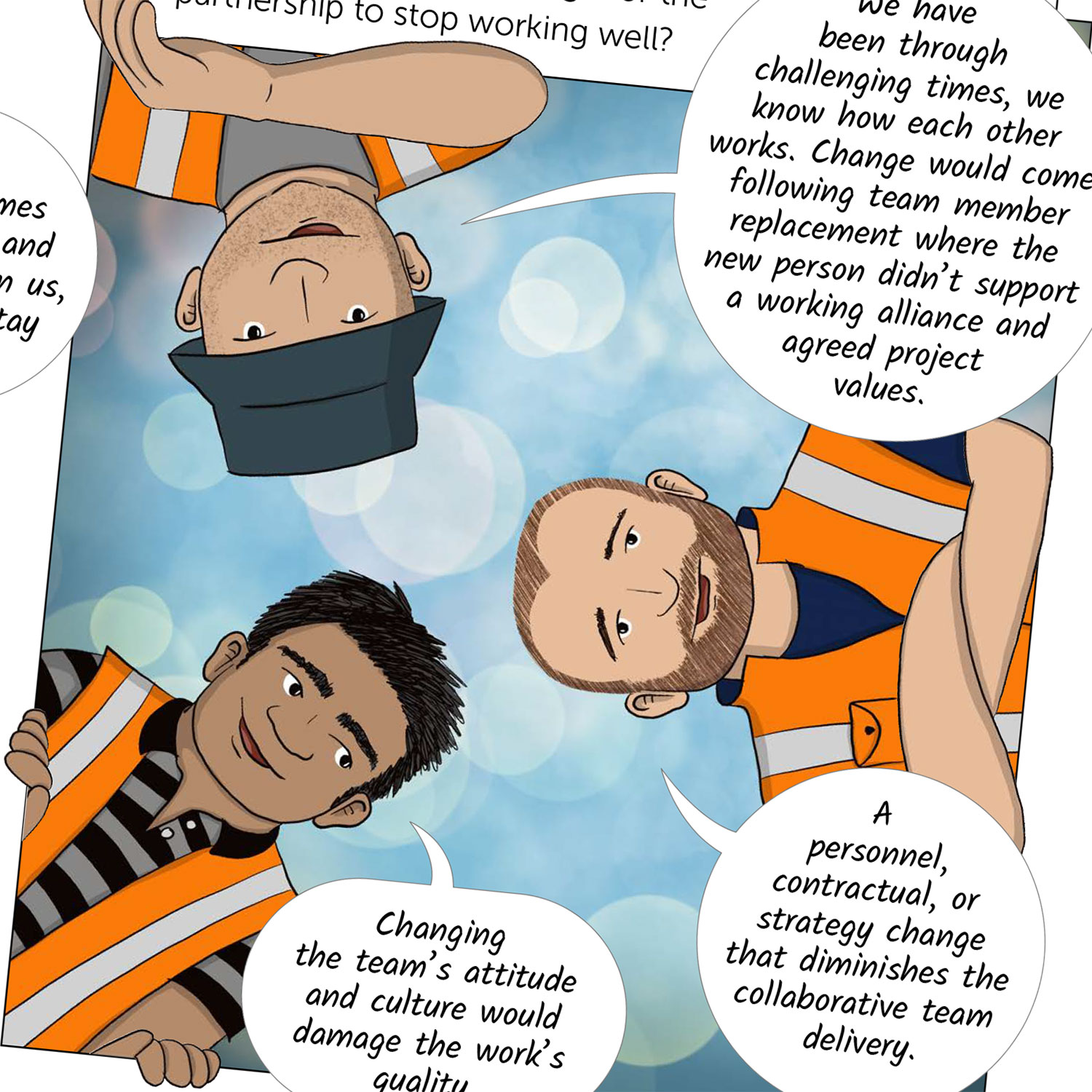 Snippet from cartoon: 3 people in hi-vis chatting