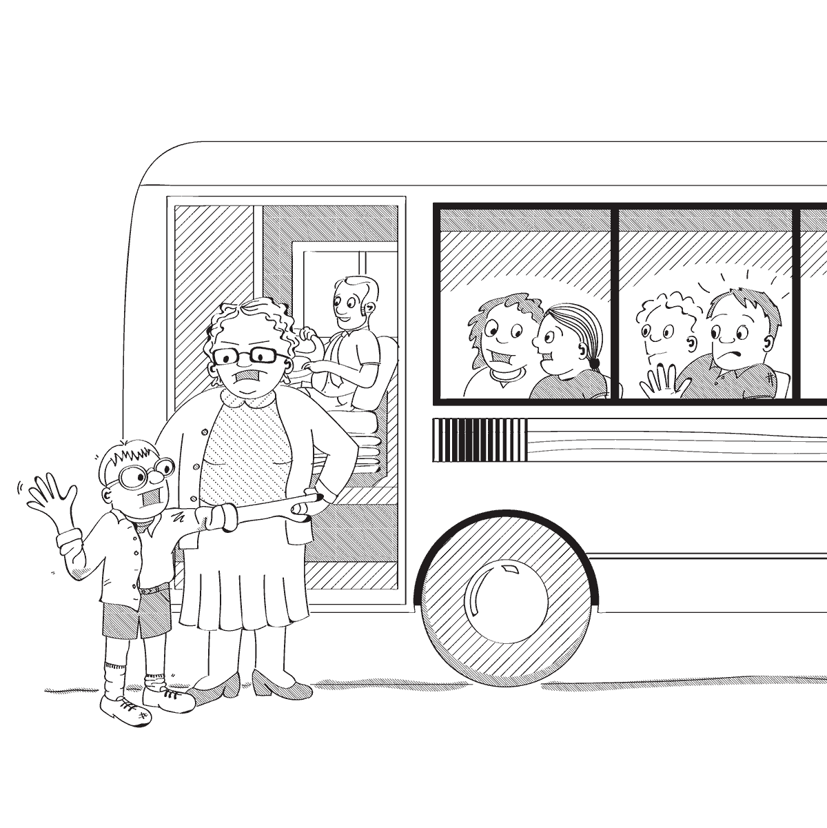 Illustration: Mrs Battleship stands by school bus door. Grubby kid next to her points to another student on the bus.
