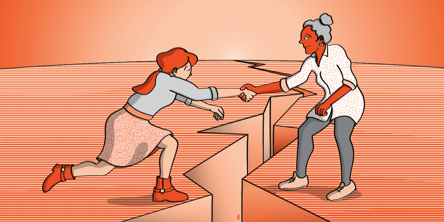 Illustration: One woman helping another woman across a large crack in the ground